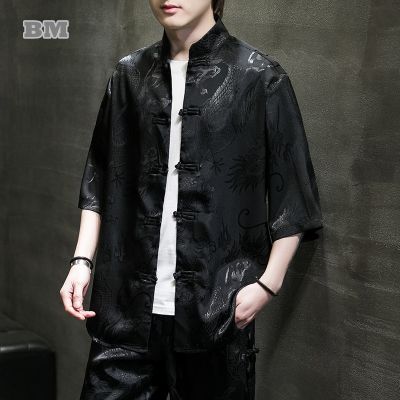 ZZOOI Chinese Traditional Dress Ice Silk Dragon Pattern Tang Suit Loose Plus Size Shirt Summer Retro Short Sleeve Thin Top Men Clothes
