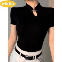 Wintin Black Shoulder Short-Sleeved T-shirt Womens Summer 2023 New Design Sense Niche Improved Cheongsam Chinese Style Traditional Top