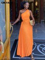 CMYAYA Women One Shoulder Sleeveless Roll Waist Pleated Ruched A-line Dress Sexy Party Prom Evening Maxi Dresses Orange Vestidos