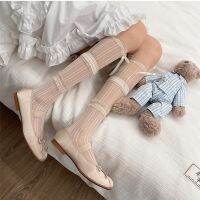 【LZ】☇∏  Lolita Lace Ruffle Long Socks para meninas malha respirável arrastão doce fofo bowknot joelho verão princesa Sox JK 2 peças