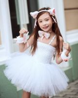 White Cat Tutu Dress for Girls Carnival Halloween Costumes for Kids Toddler Animal Cosplay Outfit for Birthday Party Clothes Set