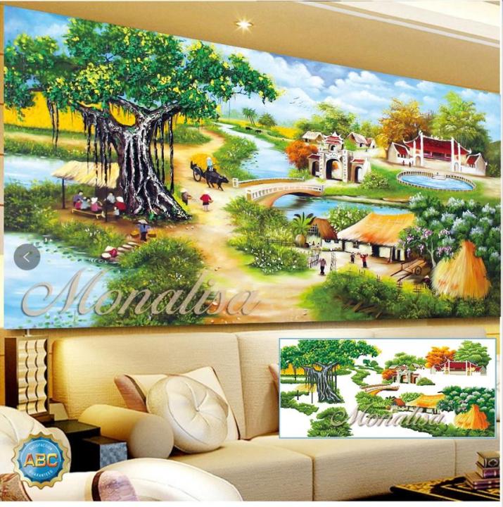 Tranh đính đá phong cảnh đồng quê cây đá đình làng giếng nước Y8274  130x65cm Siêu Thị Tranh Thêu 