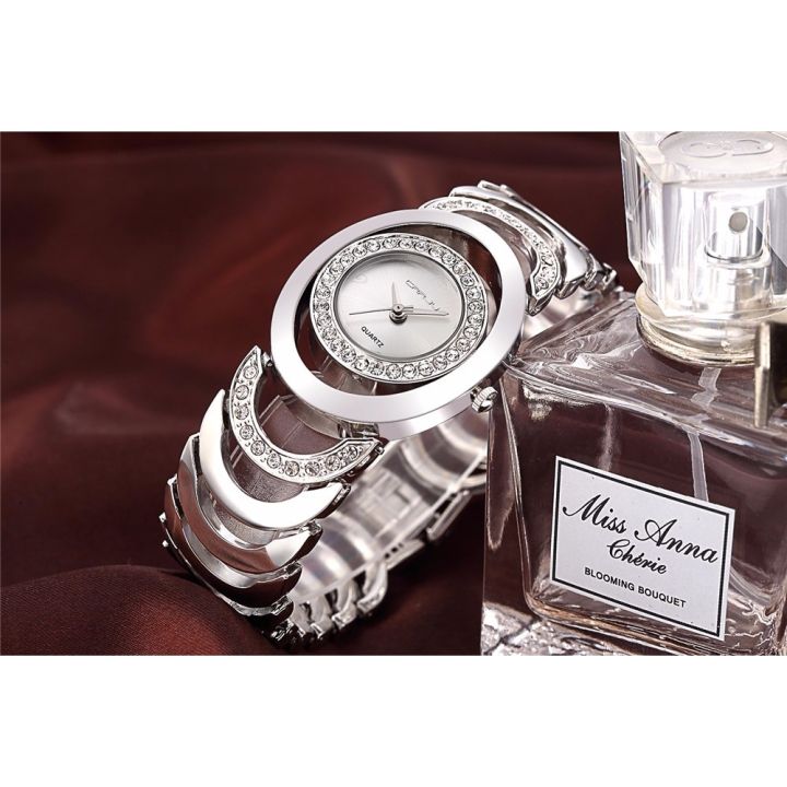 crrju-นางสาวสร้อยข้อมือแบรนด์หรูนางสาวนาฬิกาควอตซ์ของขวัญเต็มสแตนเลส-rhinestone-นาฬิกา