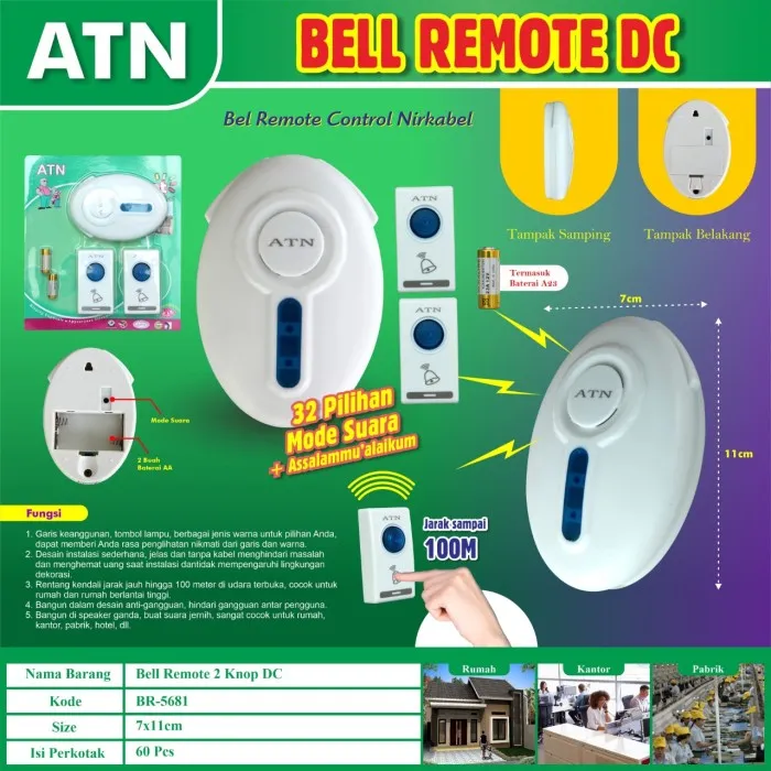 Bel Pintu Rumah Wireless Door Bell Tanpa Kabel - DC Listrik 2 Tombol ...