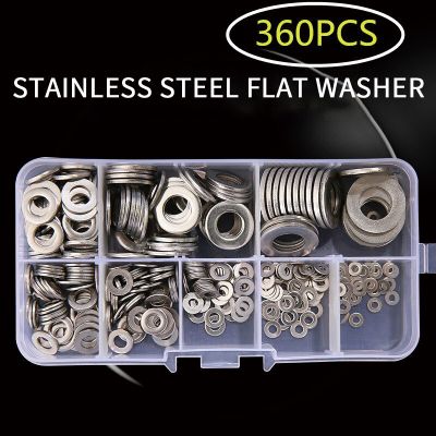 360pcs Stainless Steel Flat Washer Plain Gasket for M2 M2.5  M3 M4 M5 M6 M8 M10 Screw Bolt Nails  Screws Fasteners