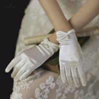 ☫○ Women Luxury Satin Pearl Wedding Gloves Bridal Short Full Finger Wrist Length Costume Prom Party Glove One Size for All Adult