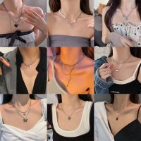 Retro Pearl Chain Necklaces Butterfly Heart Pendant Gold Silver Choker Necklace Multilayer Necklace for Women Accessories Jewelry