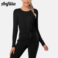 Anfilia ผู้หญิงเสื้อออกกำลังกายหลวมพอดีแขนยาวโยคะท็อปส์ Activewear เสื้อยืด