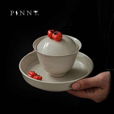 PINNY 130ML R Plant Ash Glaze เซรามิค Gaiwan Pigmented Hand Made ลูกพลับชา Tureen จีน Kung Fu ชาบริการ