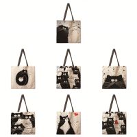 Black and white cat linen fabric casual tote bag foldable shopping bag reusable beach bag ladies shoulder bag