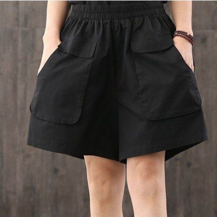 spot-cotton-shorts-womens-summer-loose-korean-style-summer-high-waist-outer-wear-show-thin-black-wide-leg-workwear-ins-fashion-2023