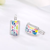 925 Silver Earring Colorful art painting Handmade Enamel Sparkling CZ Clip Earring For Women Wedding Gift Fine Europe Jewelry