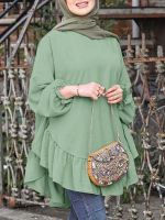 [COD] ZANZEA Fashion Muslim Blouse Sleeve Asymmetrical Shirt Loose Abaya Blusas