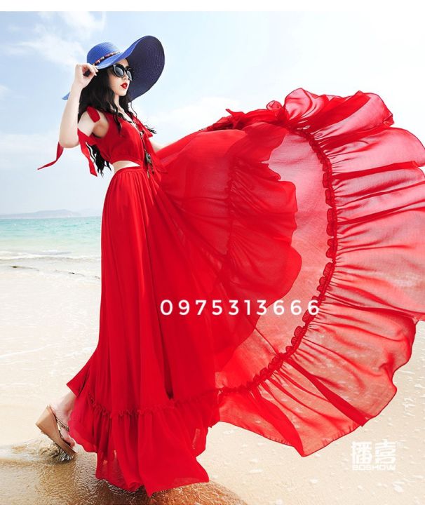 Váy đầm maxi hoa đẹp đi biển màu đỏ nổi bật  Lami Shop