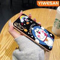 YIWESAN เคสสำหรับ Realme C3 C2 A1K OPPO,ดีไซน์ใหม่สี่เหลี่ยมขอบโดราเอมอนน่ารักลายเคสมือถือชุบแบบบางกล้องฝาปิดเลนส์เต็มรูปแบบปกป้องเคสนิ่มกันกระแทก