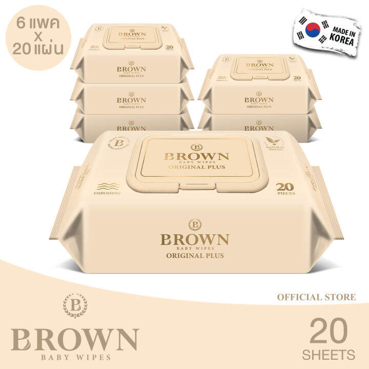 brown-original-plus-baby-wipes-บราวน์-ออริจินอลพลัส-เบบี้-ไวพส์-ทิชชู่เปียกสำหรับเด็กแรกเกิด-รุ่นประหยัด-20-แผ่น-x-6-แพค