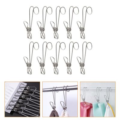 10 Pcs Stainless Steel Hook Clip Heavy Duty Hanger Multipurpose Clips Household Clothespins Home Clamps Universal Clothes Hangers Pegs