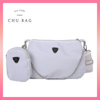 chu.bag กระเป๋าถือ กระเป๋าสะพายข้าง มีสายโซ่เงิน กระเป๋าใบเล็ก ผ้าไนล่อน สีขาว