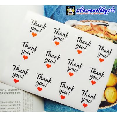 สติ๊กเกอร์ สติ๊กเกอร์ติดถุงขนมหรืออื่นๆ ลาย Thank you หัวใจ สีขาว จำนวน 12 ดวง/แผ่น