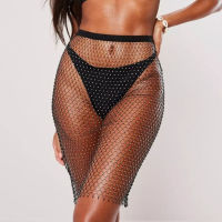 เงาเซ็กซี่ Rhinestone เลื่อม Fishnet มินิกระโปรงเทศกาลชายหาดยืดหยุ่นซีทรูเพชรตาข่ายกระโปรงยืดหยุ่นสูงสำหรับผู้หญิง