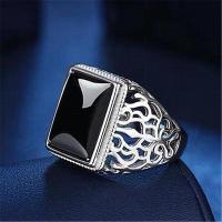 Tree of life hollow out square black zircon agate mens ring opening Obsidian chalcedony mens ring 3D47