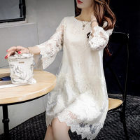 Spring Korean A-line Lace Embroidery Ladies Base Dress White Hollow Mesh Round Neck 34 Flared Sleeve Womens Loose Mini Dress