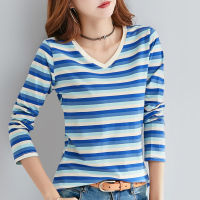 Striped Tshirt Women V Neck T Shirts Cotton Long Sleeve  T-Shirt Korean Style Women Tops Spring Autumn Casual Woman Clothing
