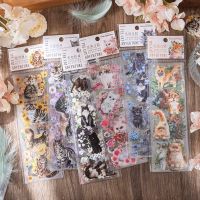 6PCS Cute Cat Adventures Series Decorative PVC Sticker Pack Plant Flower Scrapbooking Material Label Diary Junk Journal Planner Stickers Labels