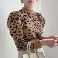 OCEANLOVE Leopard Jersey Mujer Korean Chic Vintage Short Puff Sleeve Pull Femme Autumn Half High Collar Winter Sweaters Women