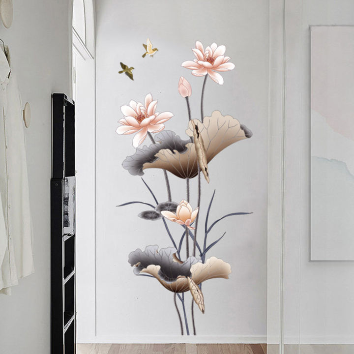 สติ๊กเกอร์ติดกำแพงดอกไม้ดอกบัวสไตล์จีน-self-adhesive-wallpaper-การตกแต่งบ้านสติกเกอร์ติดผนังสำหรับห้องนั่งเล่นห้องนอน