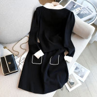 Latest Women Autumn Winter V-Neck Elegant Contrast Color Knitted Navel-Baring Sweater Wrap Hip Skirt Casual Set Two Piece Set La