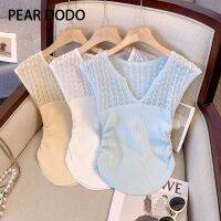 PEAR DODO เสื้อกั๊กถักแขนยาวคอวีลายฉลุสำหรับผู้หญิงแบบเกาหลี