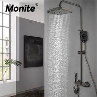 【LZ】▪☑∏  Monite Gun Grey Banheiro Wall Mounted Square Rainfall Top Spray Shower Set Quatro Estilo Controle Botão Com Bidé Mixer Tap Faucet