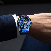 Winner Transparent Diamond Mechanical Watch Blue Stainless Steel Skeleton Watch Top Brand Luxury Business Luminous Male Clock