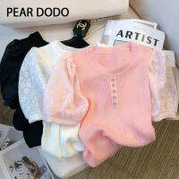 PEAR DODO เสื้อยืดแขนสั้นสำหรับผู้หญิงถักแขนฟองรอบคอแขนสั้น