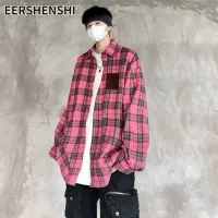 EERSHENSHI เสื้อเชิ้ตแขนยาวสำหรับผู้ชาย,เสื้อเชิ้ตลำลองทรงหลวมกระดุมเสื้อเชิ้ตลายสก๊อต