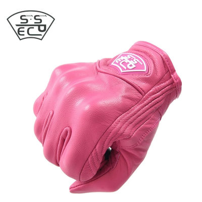 Motorcycle Women Gloves Pink Leather Motocross Gloves Vintage Full Finger Wearable Motorbike Gloves Motorcyclist Touch Screen