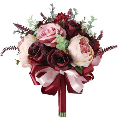 Burgundy Dusty Pink Rose Bouquet - Champagne Blush Blooming Peony with Eucalyptus Real perfect Bridal Wedding Flowers