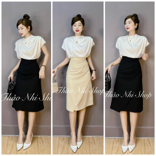 Set bộ đồ nữ áo cánh dơi đính dây nơ mix chân váy form dài với tone màu nhẹ  nhàng, xinh xắn dành cho các nàng | Shopee Việt Nam