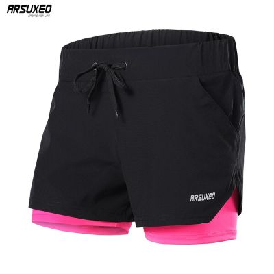 ARSUXEO Running Shorts Womens 2 in 1 Elastic Waist Yoga Gym Jogging Fitness Sports Female Reflective Breathable B1103