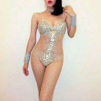 Sexy V Neck Transparent Mesh Striped Rhinestones Bodysuit Women Singer Stage Performance Costume Luxurious Pearls Dress