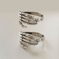 2pcs Adjustable 925 Sterling Silver Ring Creative Punk Rock Vintage Trend Skeleton Hand Loop Party Jewelry for Women finger ring
