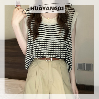 HUAYANG01 [2023 new HOT FASHION] lazlook ฤดูร้อนแถบกลวงออกถักถังด้านบนผู้หญิงแขนกุดหลวมเสื้อกั๊กลำลอง