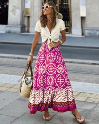 【CC】♘  Fashion Skirts New All-match Skirt Loose Elastic Waist Floral Print Ethenic Boho LBohemian