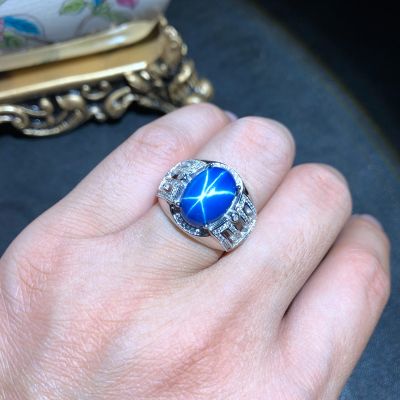 คลาสสิกเงาดาวสีฟ้าไพลินพลอยแหวนเงินเครื่องประดับ Fine กล้ามเนื้อพลังงานแหวนของขวัญวันเกิดผู้ชายแหวนที่น่าสนใจ
