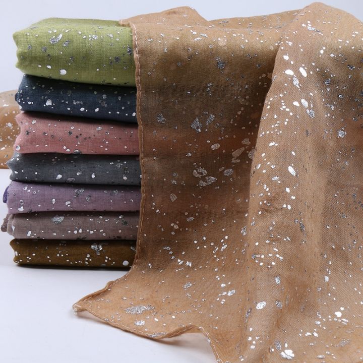 ผ้าพันคอผ้าฝ้ายหญิงมุสลิมฮิญาบไล่ระดับสีเงินแวววาวแบบเรียบผ้าคลุมศีรษะสำหรับผู้หญิง180-90ซม
