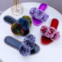 Women Fur Slides 2021 New Fur Ball Fashion Color Outdoor Female Slippers Casual Flat-bottomed Furry Shoes Woman Bling Flip Flops