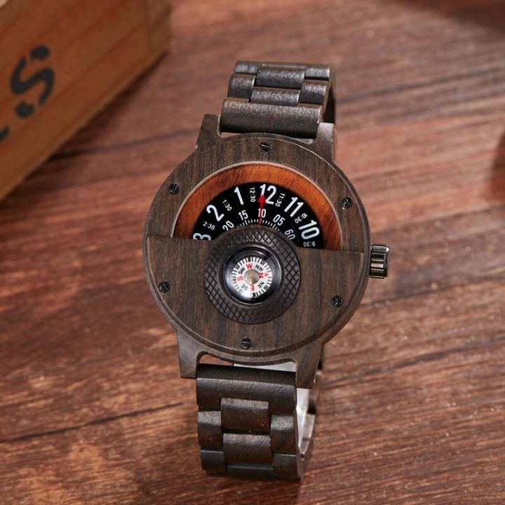 แป้นหมุนหมายเลขนาฬิกาข้อมือไม้หน้าปัดเข็มทิศที่ไม่ซ้ำใครแบบใหม่สายไม้สีน้ำตาลนาฬิกาข้อมือ-relogio-ไม้ธรรมชาติสุดสร้างสรรค์