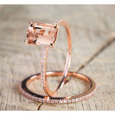 [MM75] แฟชั่น Rose G Old P Lated แหวนชุดเจ้าหญิงบาง Morganite เครื่องประดับจัดงานแต่งงานขนาด6 10