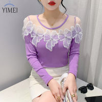 YIMEI YIMEI เสื้อผู้หญิงสีม่วงสวย2023ฤดูใบไม้ผลิและฤดูใบไม้ร่วงแฟชั่นใหม่อเนกประสงค์เสื้อยืดผู้หญิงสวยมุมมองตาข่ายฝังเพชรดอกไม้คอกลม